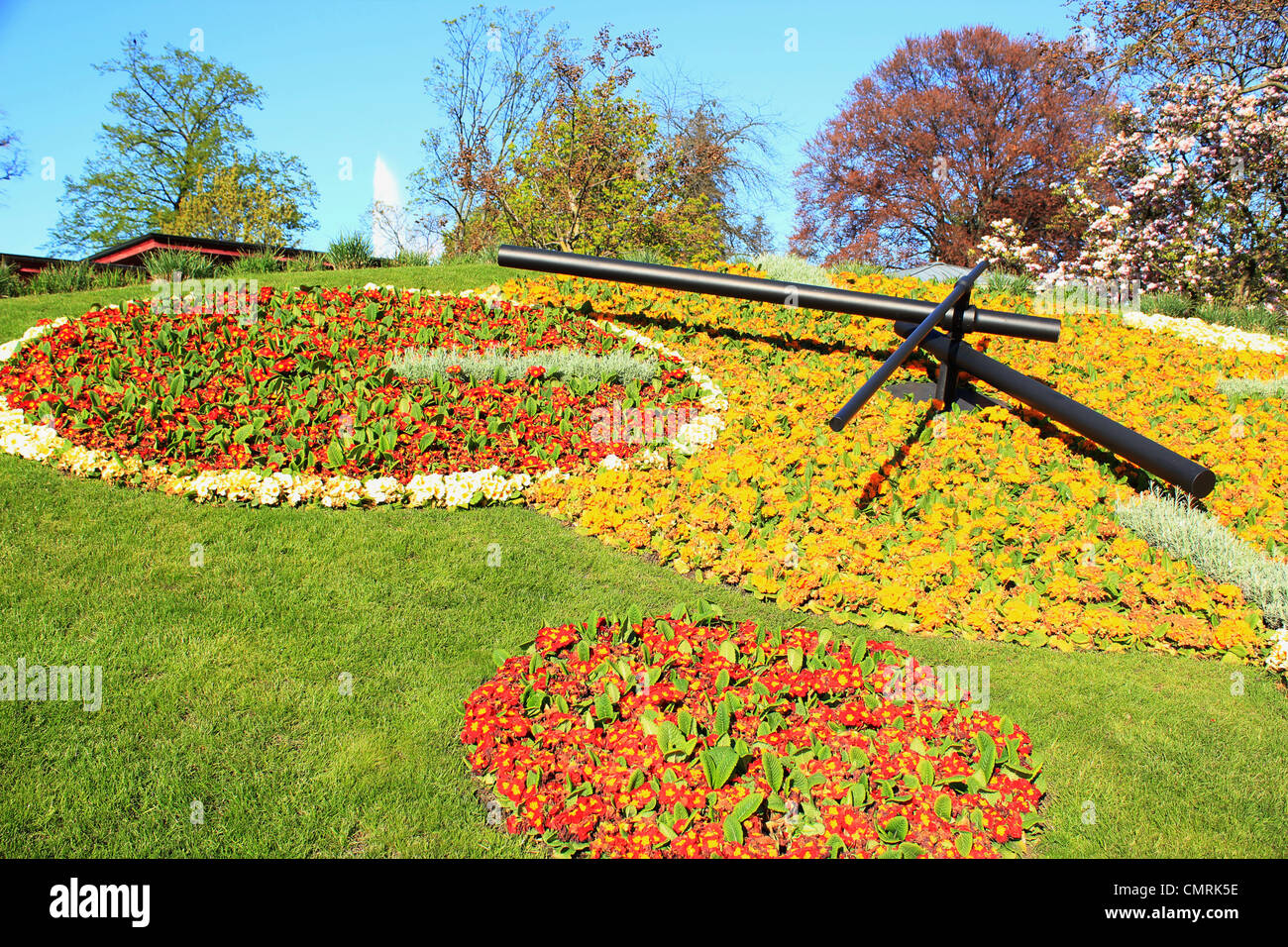 Famous flower clock with lots of colors and fountain behind in Geneva