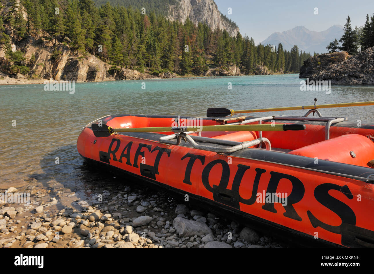White water raft, Bow River, Banff National Park, Alberta Stock Photo