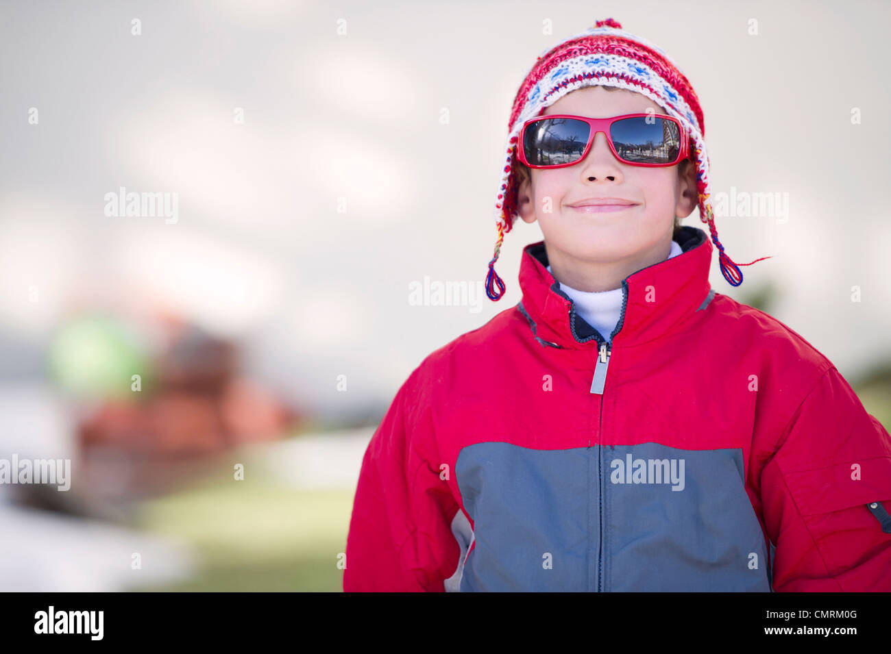 Hispanic boy in cold weather clothing Stock Photo