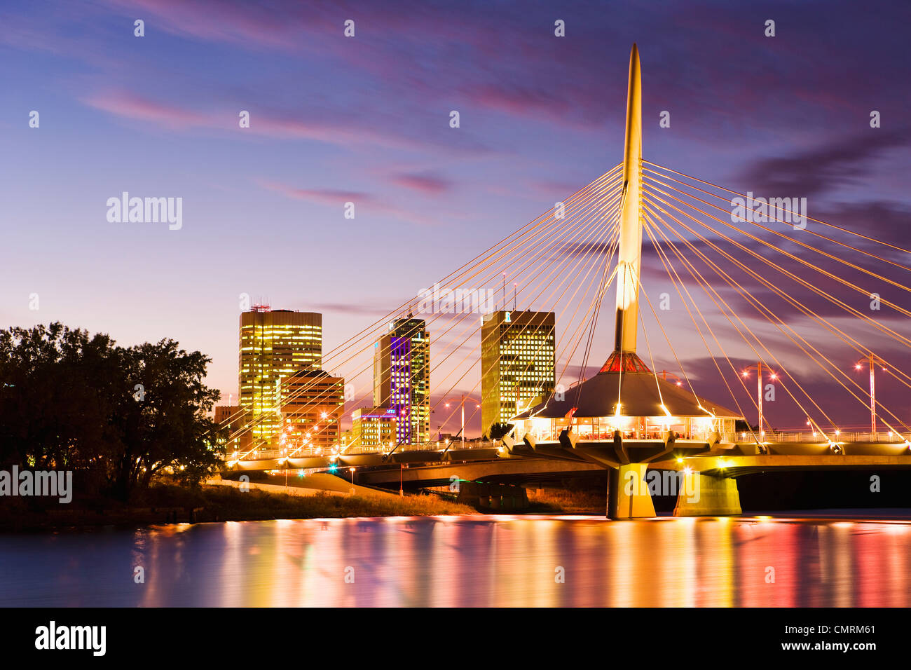City skyline, Red River and Provencher Bridge at dusk, Winnipeg, Manitoba Stock Photo Alamy