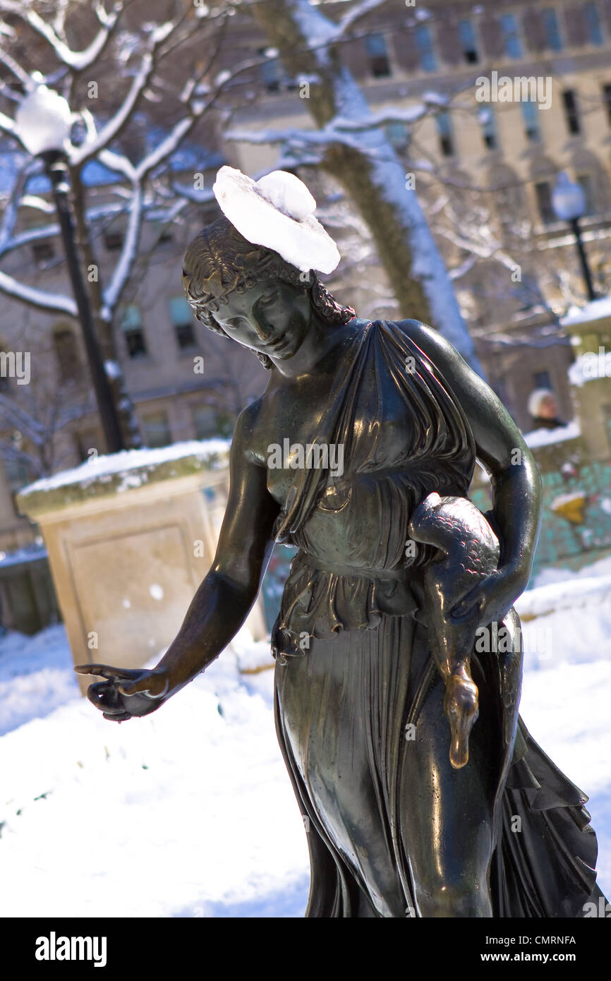 STATUE OF LEDA AND THE SWAN IN WINTER SNOW RITTEHOUSE SQUARE