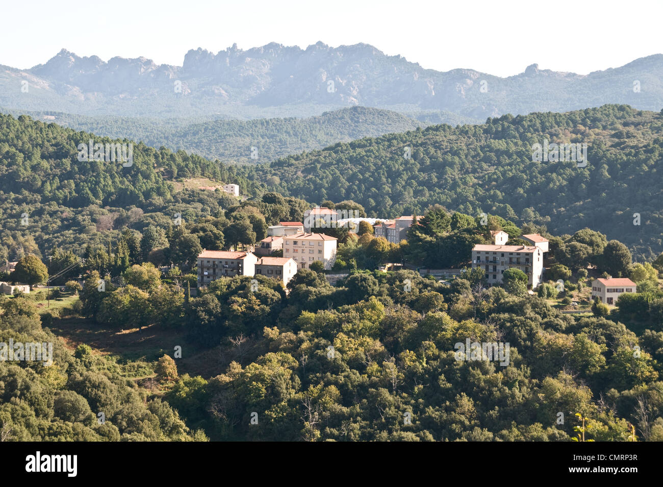 The village of Levie amid an oak forest and mountains in the Alta Rocca region in the southern interior of Corsica, France. Stock Photo