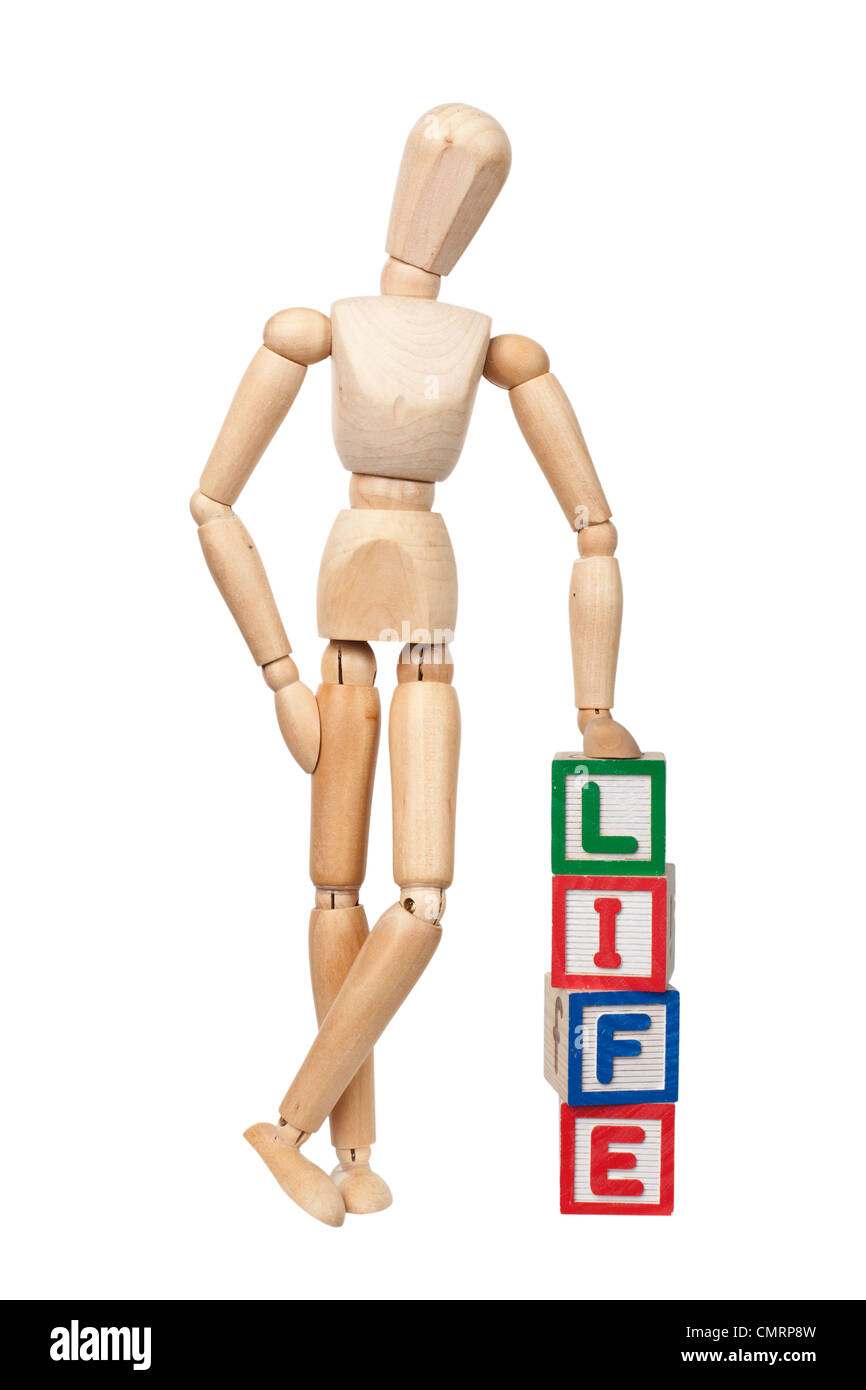 Wooden figurine with the word LIFE isolated on white background Stock Photo