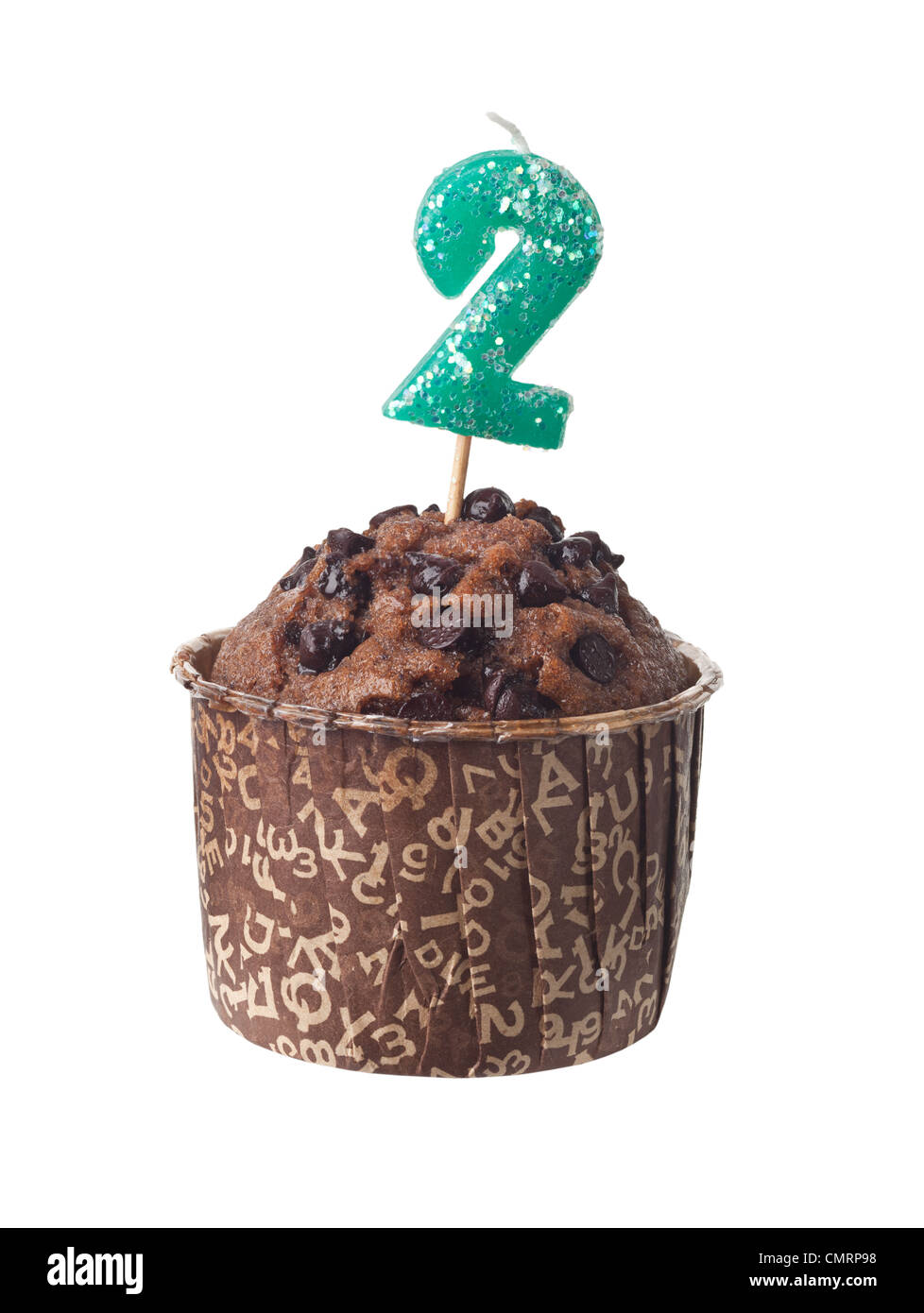 Chocolate muffin with birthday candle for two year old isolated on