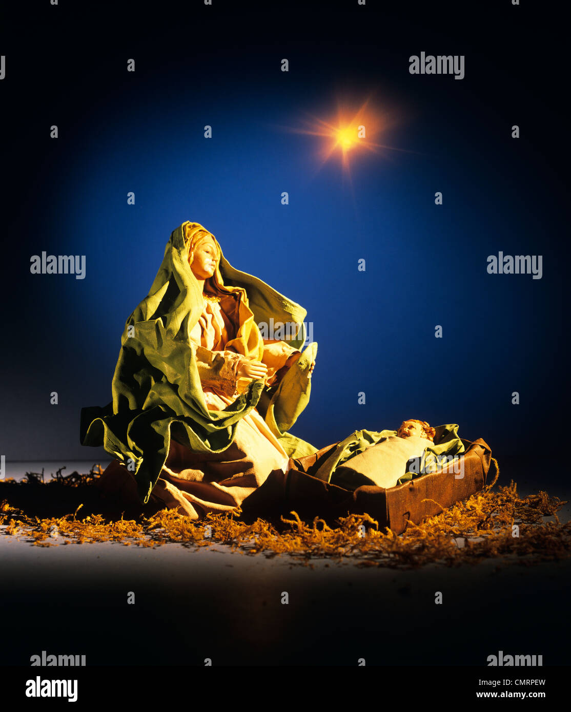 1990s NATIVITY SCENE MARY WITH JESUS IN MANGER UNDER STAR Stock Photo