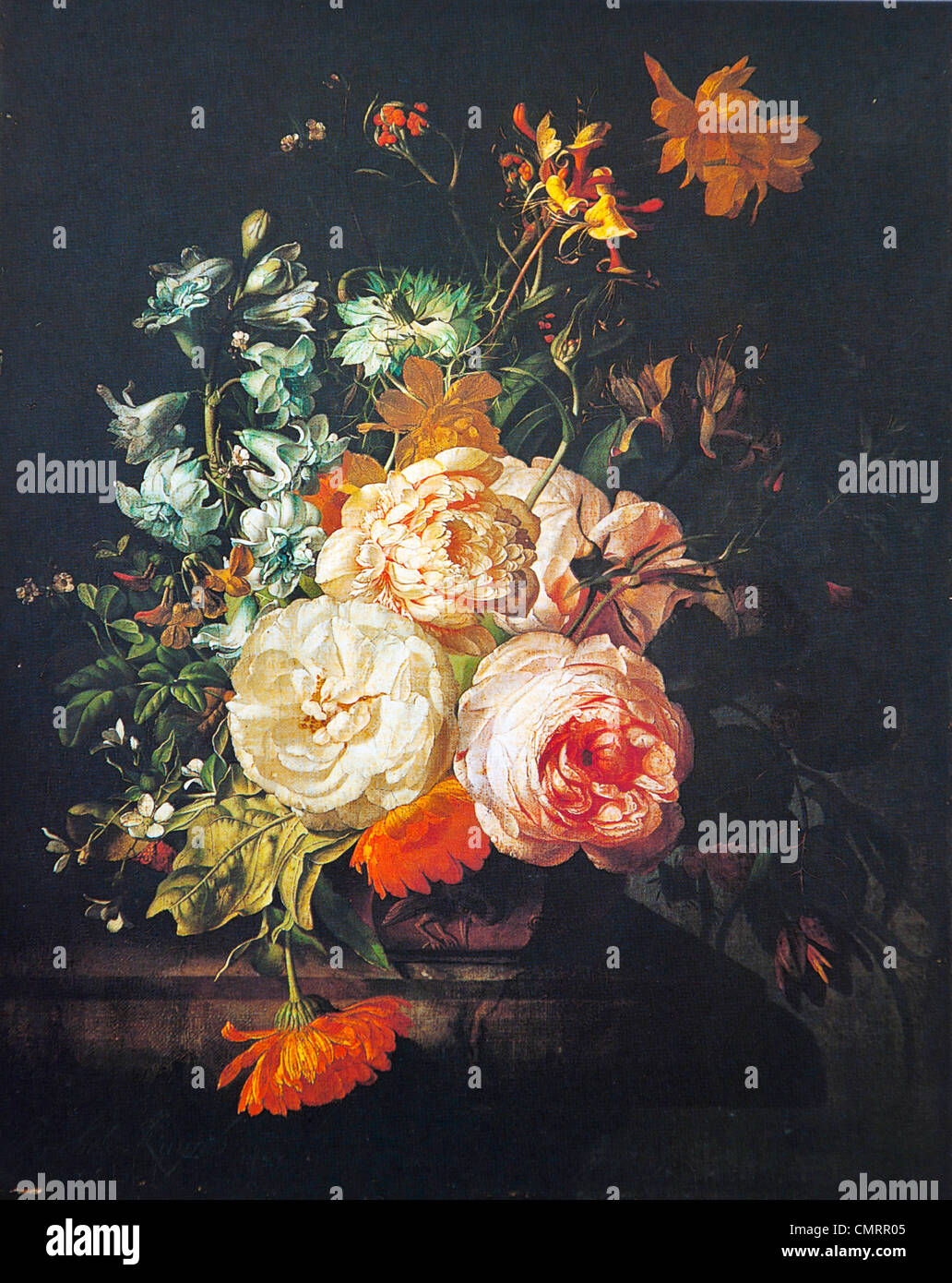 Roses, Marigolds, Hyacinths, and Other Flowers on a Marble Ledge - Rachel Ruysch Stock Photo