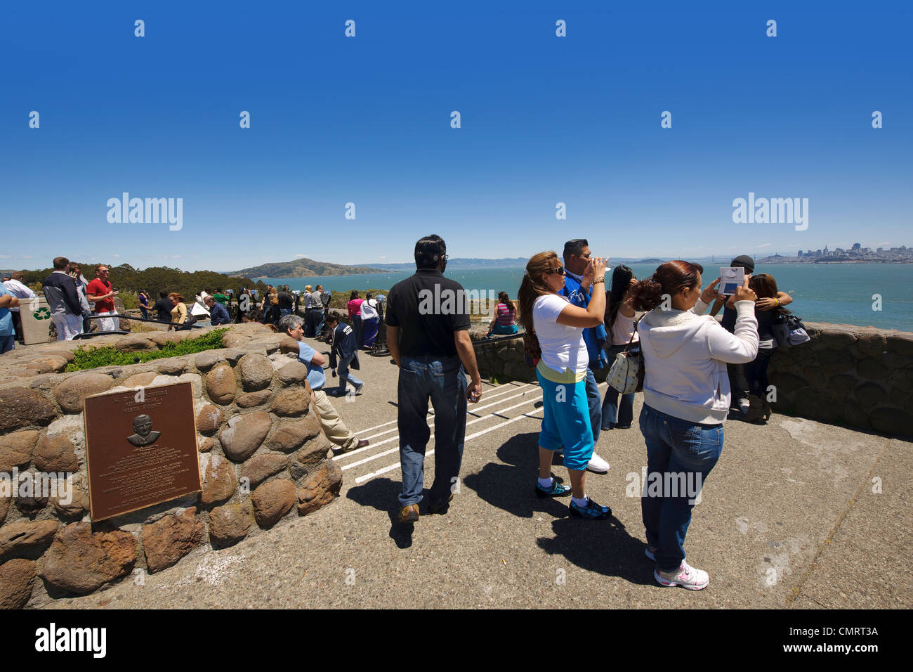 Tourists at Golden Gate Bridge from Marin County California Pacific Coast Highway coastline panoramic surf sea NorCal Stock Photo