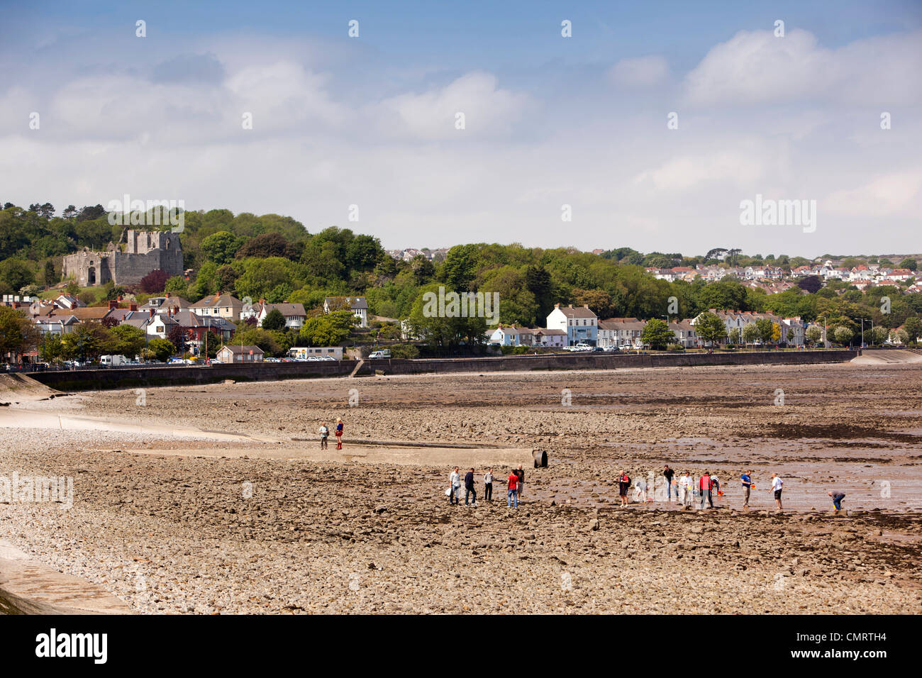 UK, Wales, Swansea, Mumbles, people on pebbly beach at low tide below Oystermouth castle Stock Photo