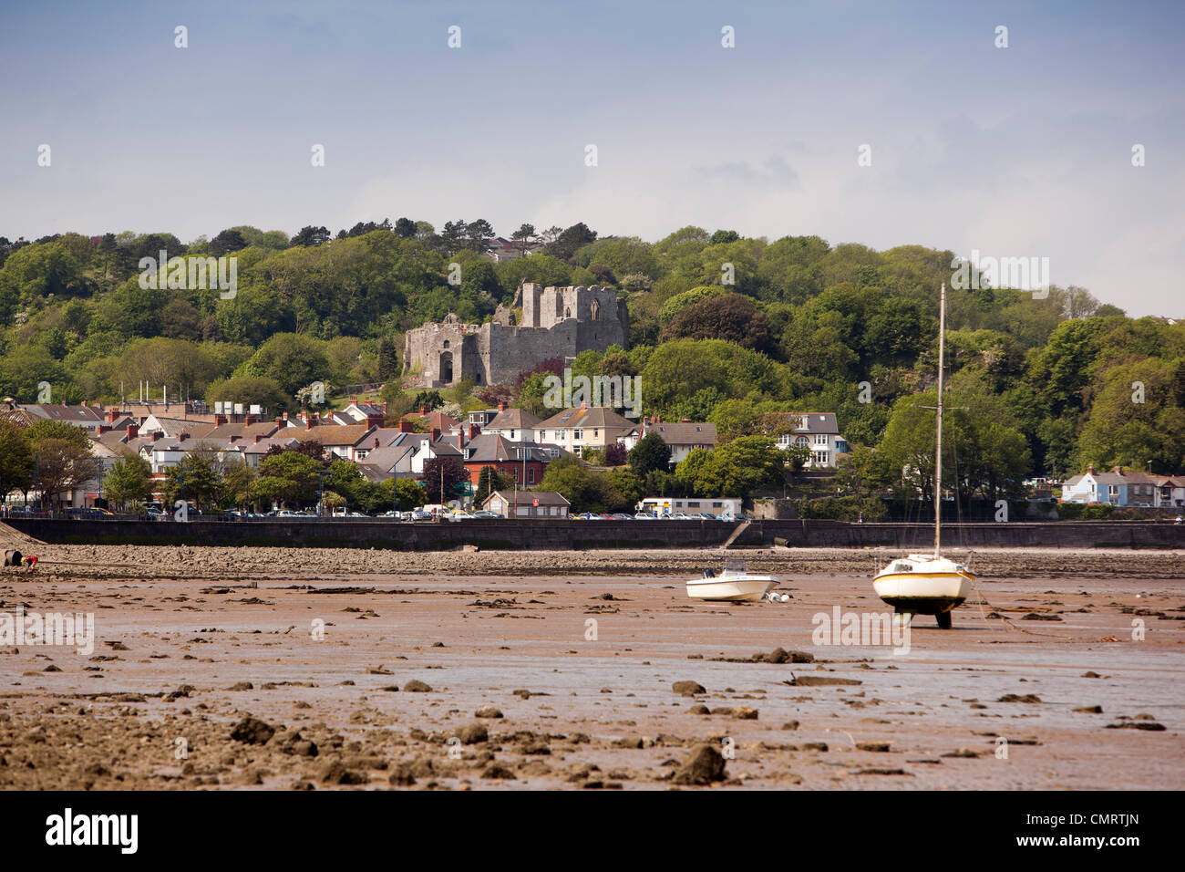 UK, Wales, Swansea, Mumbles, Oystermouth castle above the beach Stock Photo