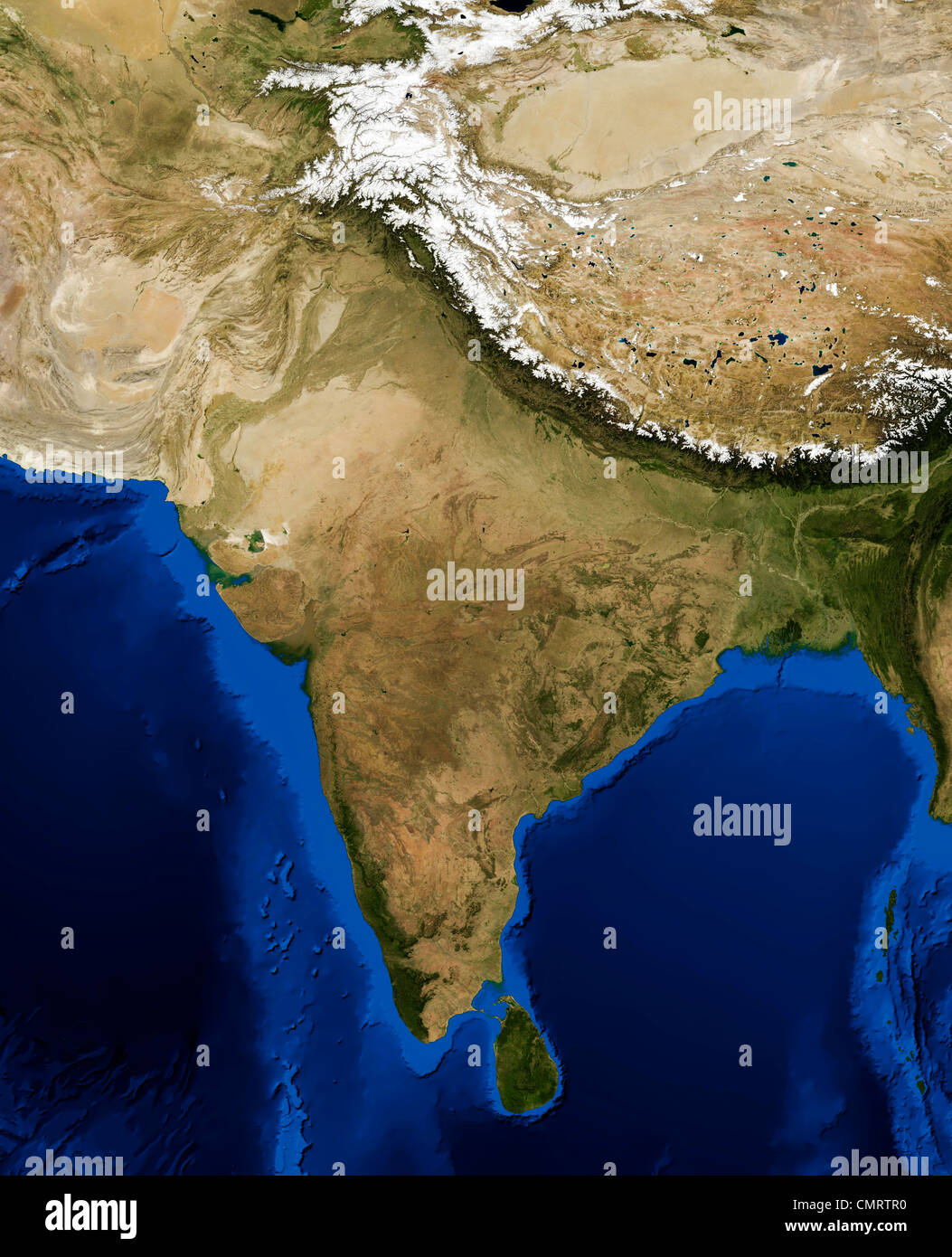 True color Terra/MODIS satellite image of India rendered in Lambert azimuthal equal area projection. Stock Photo