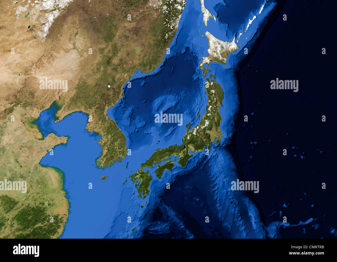 True color Terra/MODIS satellite image of the Korean peninsula and Japan rendered in Lambert azimuthal equal area projection. Stock Photo