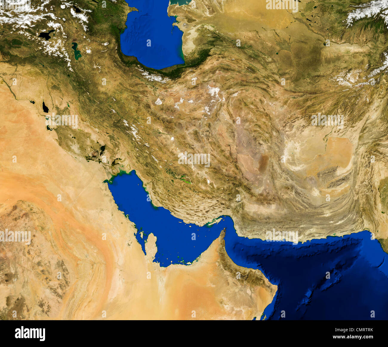 True color Terra/MODIS satellite image of the Persian Gulf rendered in Lambert azimuthal equal area projection. Stock Photo