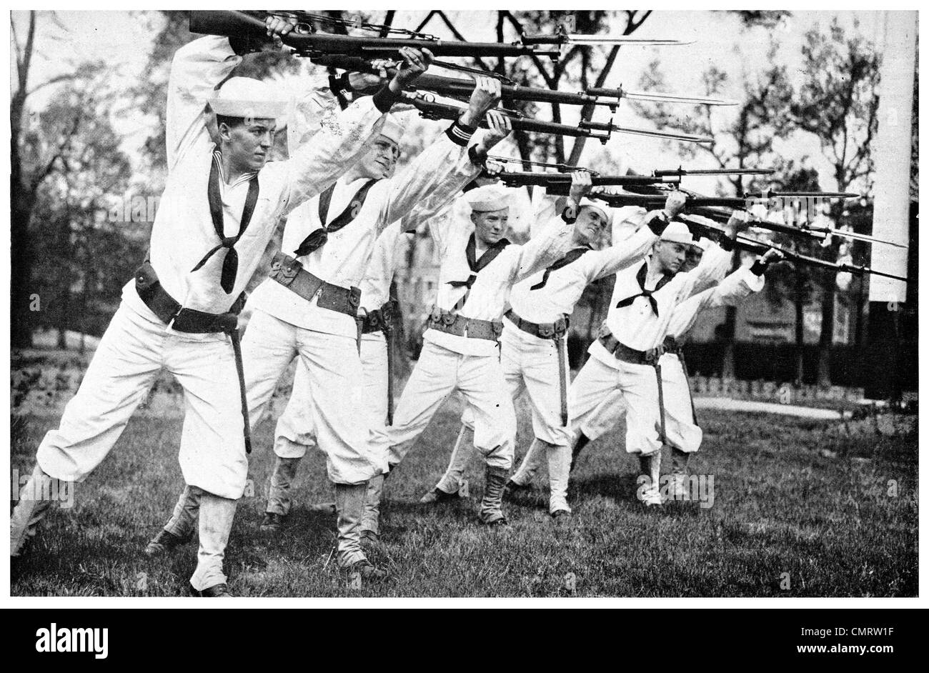 1918 US Navy Naval Sailors training to go over the top bayonet rifle Stock Photo