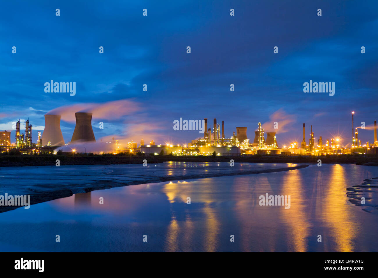 steaming cooling towers night Grangemouth BP chemical works near Edinburgh Lothian Scotland UK GB Europe Stock Photo