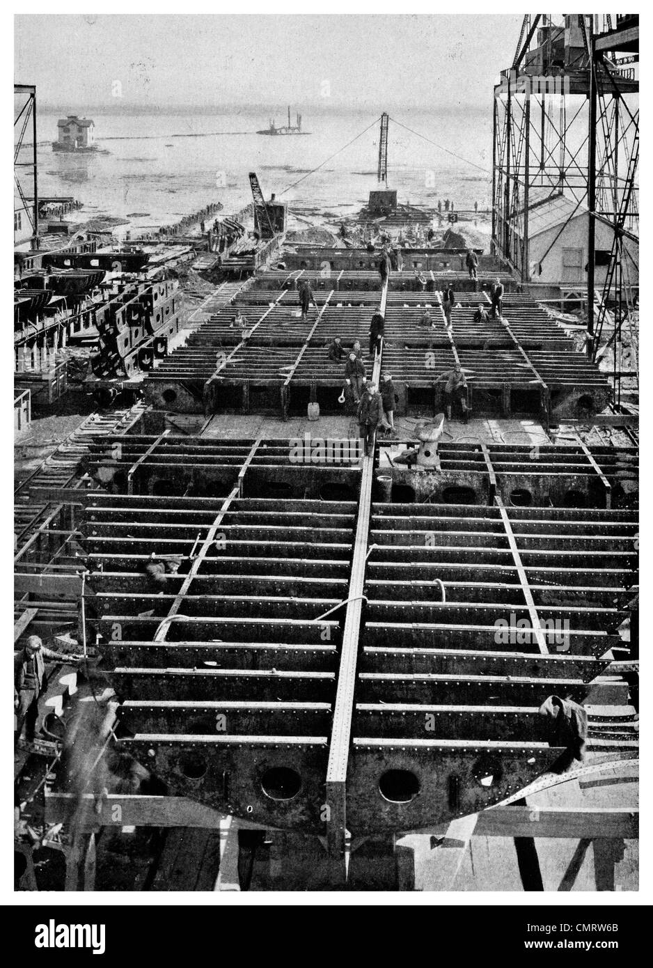 1918 Hog Island Double bottom cargo ship construction site shipyard Philadelphia, Pennsylvania Stock Photo