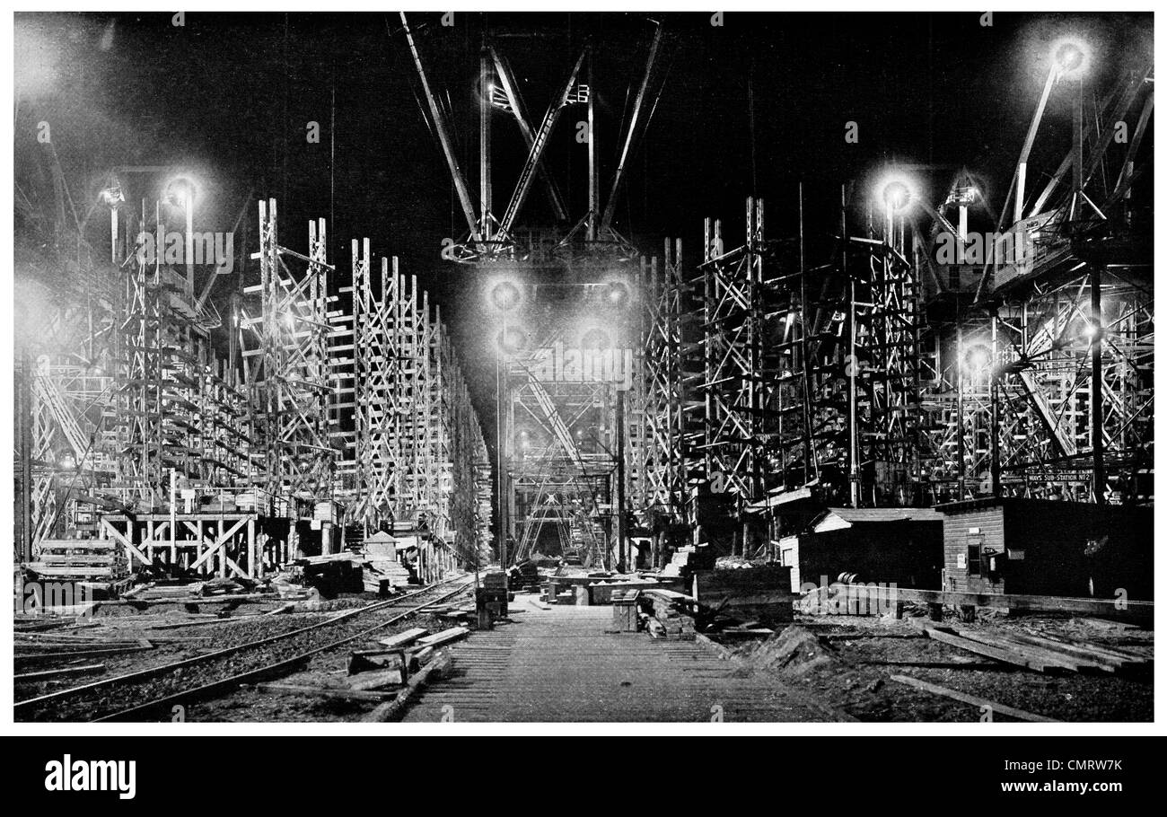 1918 Night at Hog Island shipyard concrete ship construction Philadelphia, Pennsylvania, Stock Photo