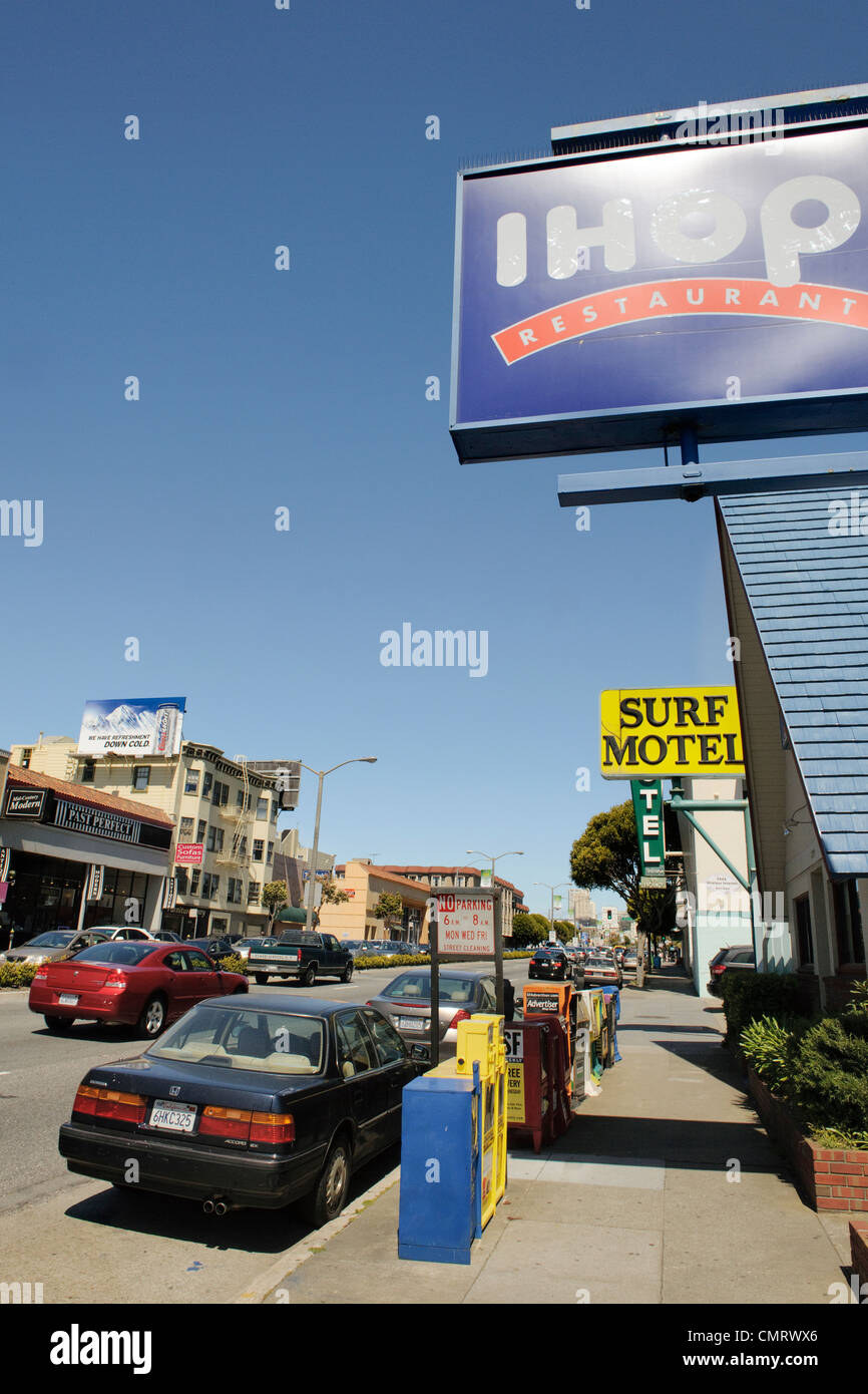 American California motel signs against blue sky Stock Photo