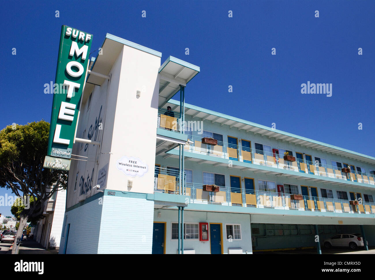 outside of an art deco California American motel on route 66 Stock Photo