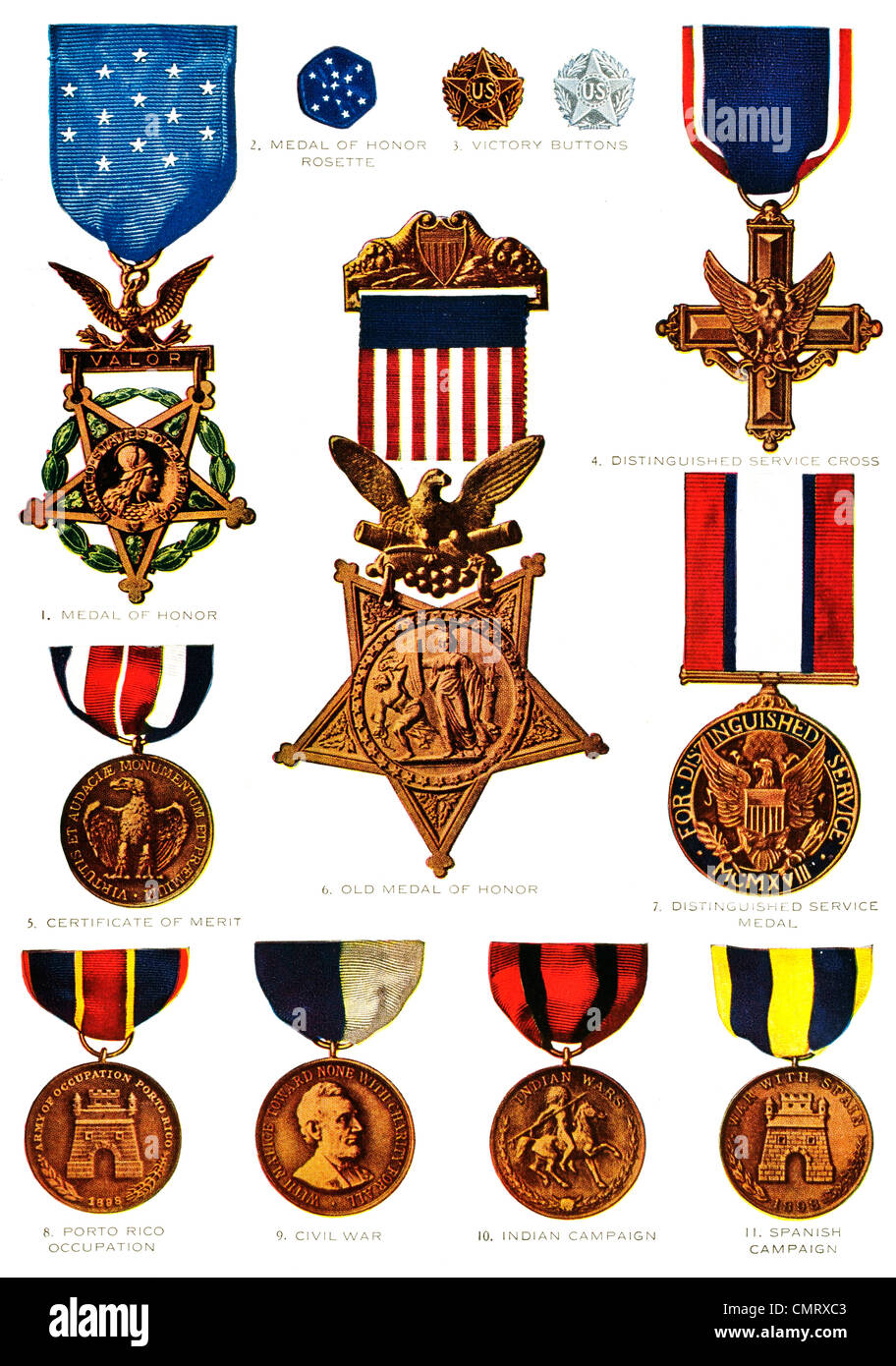 1919 Medals of Merit and Service United States Army Military Stock Photo
