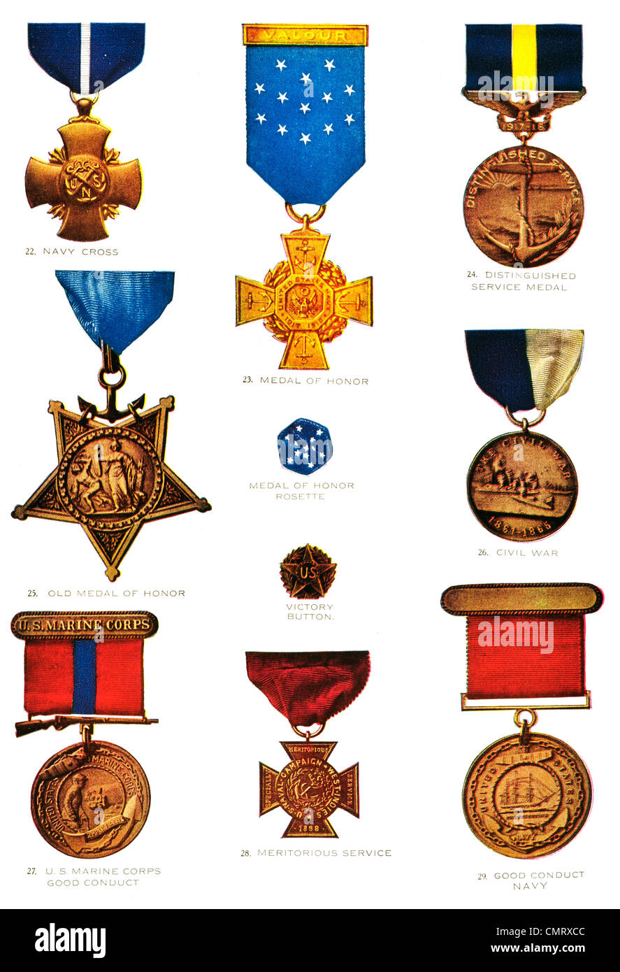 1919 Medals of Merit and Service United States Navy and Marine Corps Military Stock Photo
