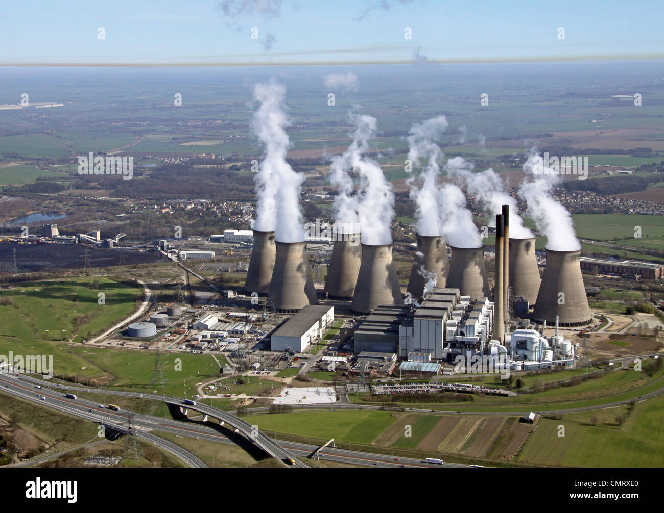 aerial view of Eggborough Power Station and a brown coloured Inversion layer of pollution, taken 2012 Stock Photo