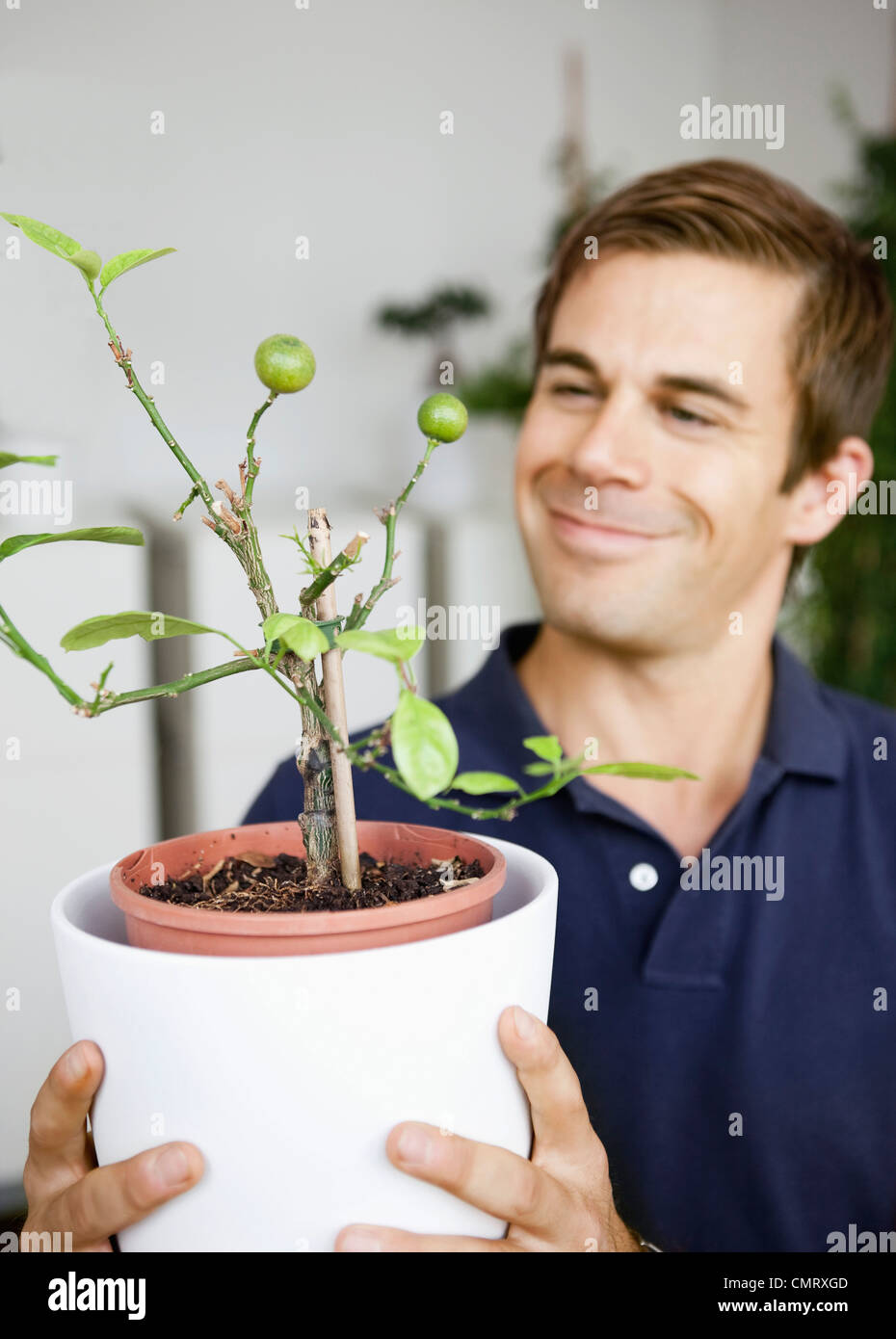 Smiling man holding plant Stock Photo - Alamy