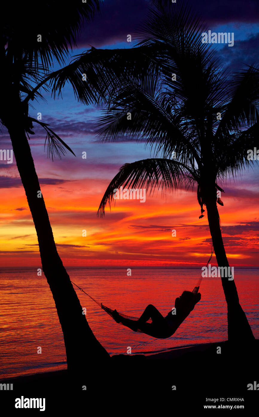 Woman in hammock, and palm trees at sunset, Coral Coast, Viti Levu, Fiji, South Pacific Stock Photo