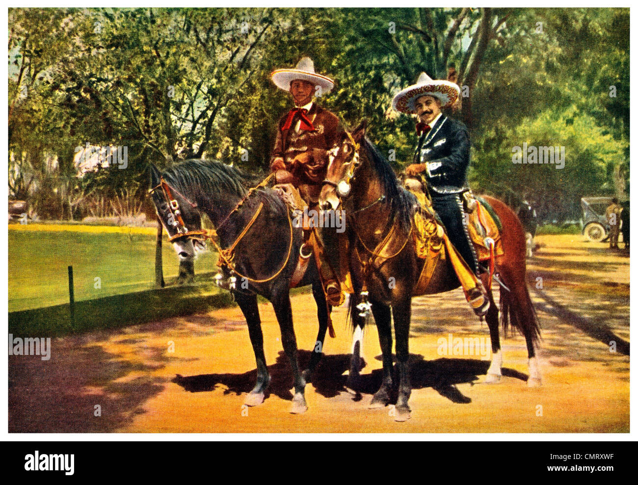 1923 Morning horse ride Park Chapultepec Mexico City Charro Costume leather or velvet Stock Photo