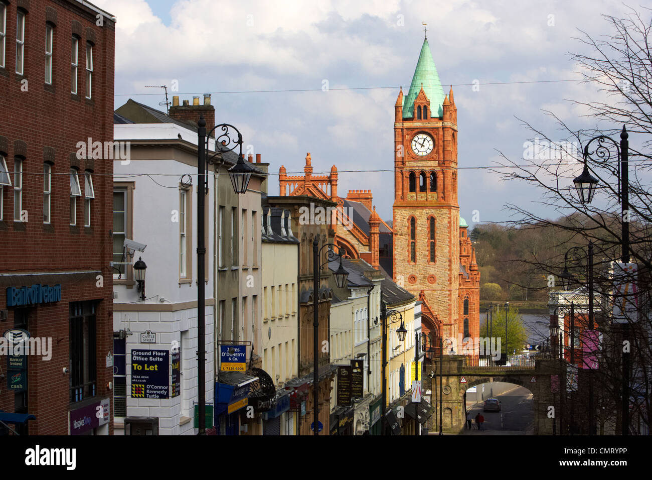the guildhall and shipquay street inside the walls of Derry city county londonderry northern ireland uk. Stock Photo