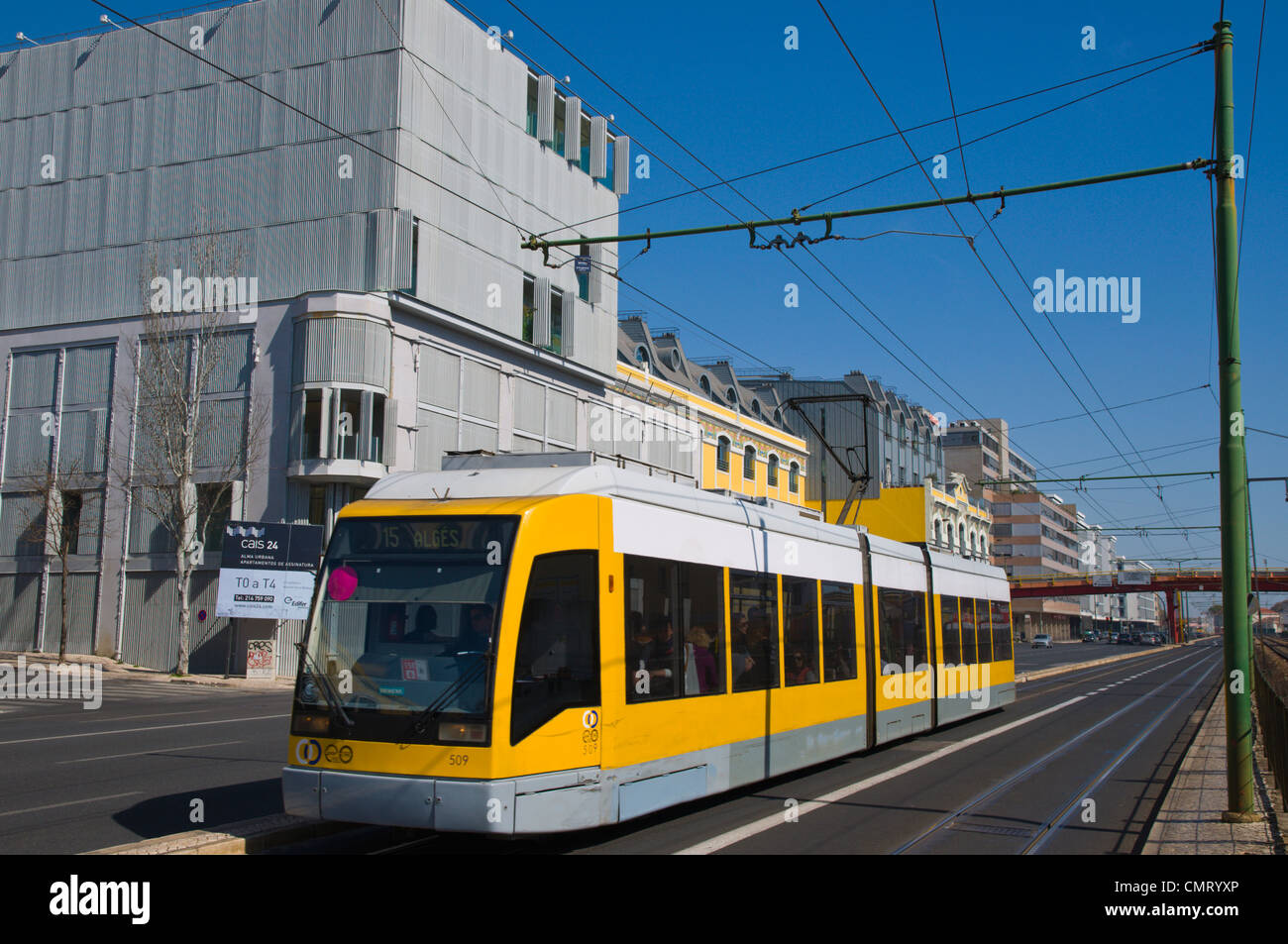 New modern tram on Avenida 24 de Julho street Alcantara district Lisbon Portugal Europe Stock Photo