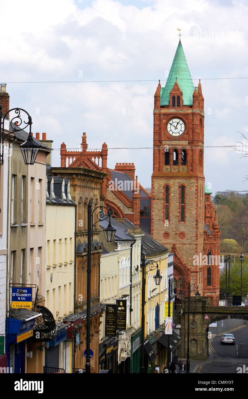 the guildhall and shipquay street inside the walls of Derry city county londonderry northern ireland uk. Stock Photo