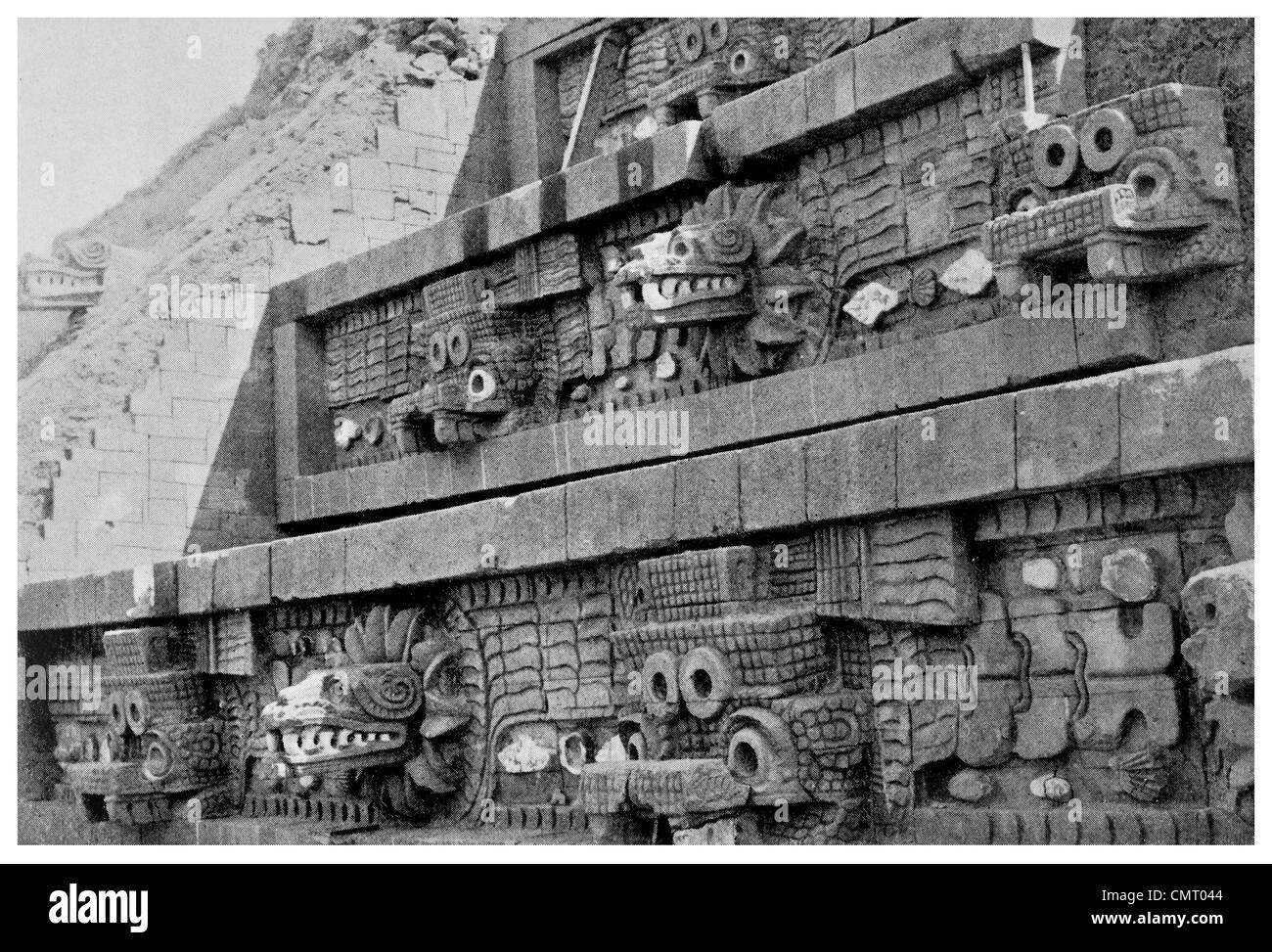 1923 Temple of Quetzalcoatl Featherd Snake Stock Photo