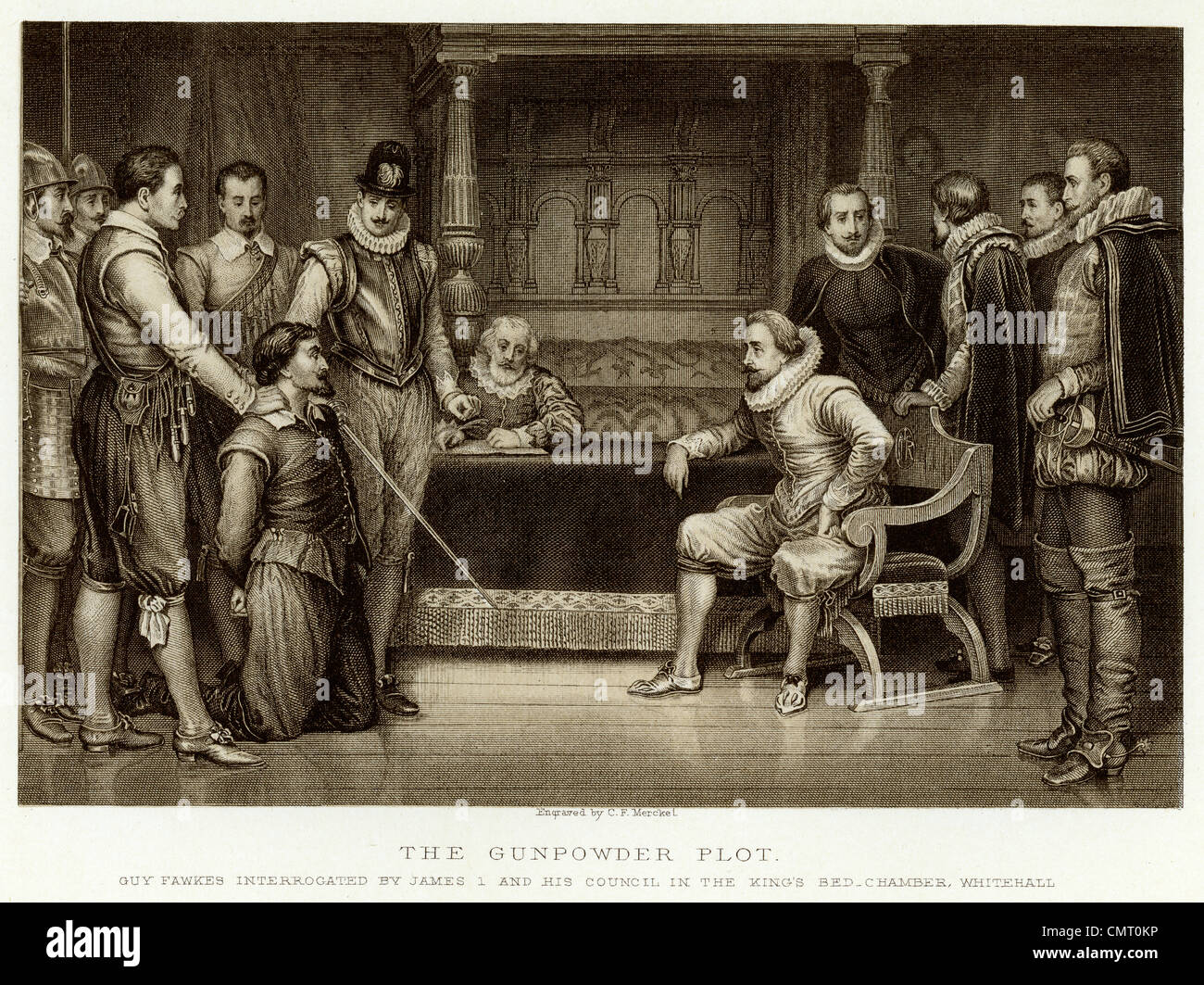 The Gunpowder Plot, Guy Fawkes interrogated by James I and his Council in the Kings Bed Chamber Whitehall Stock Photo