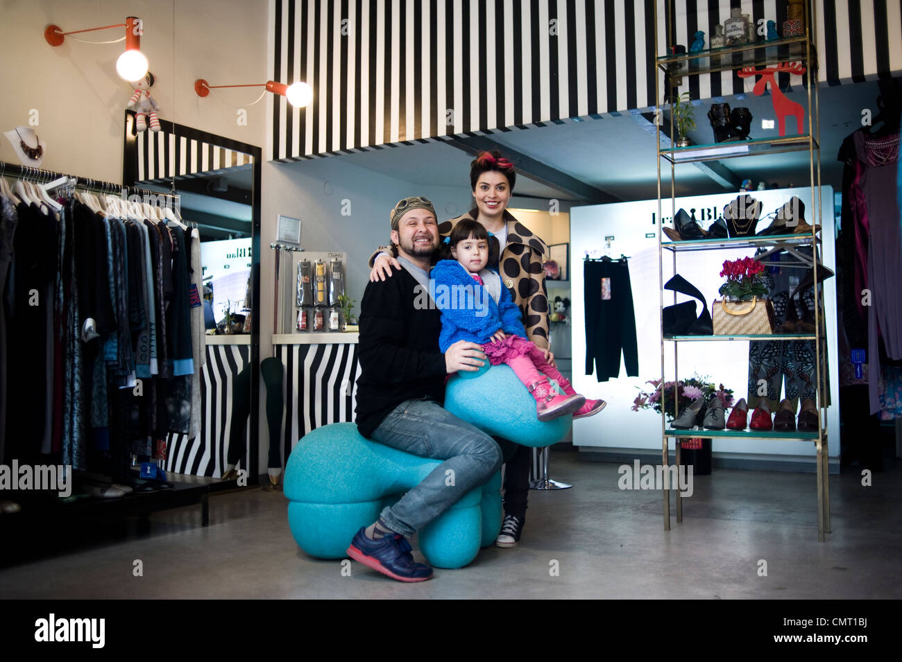 Philip Blau and Helena Blaunstein, clothes designers, in their shop Frau Blau 8 haHashmal Street, Tel Aviv, Israel. Stock Photo