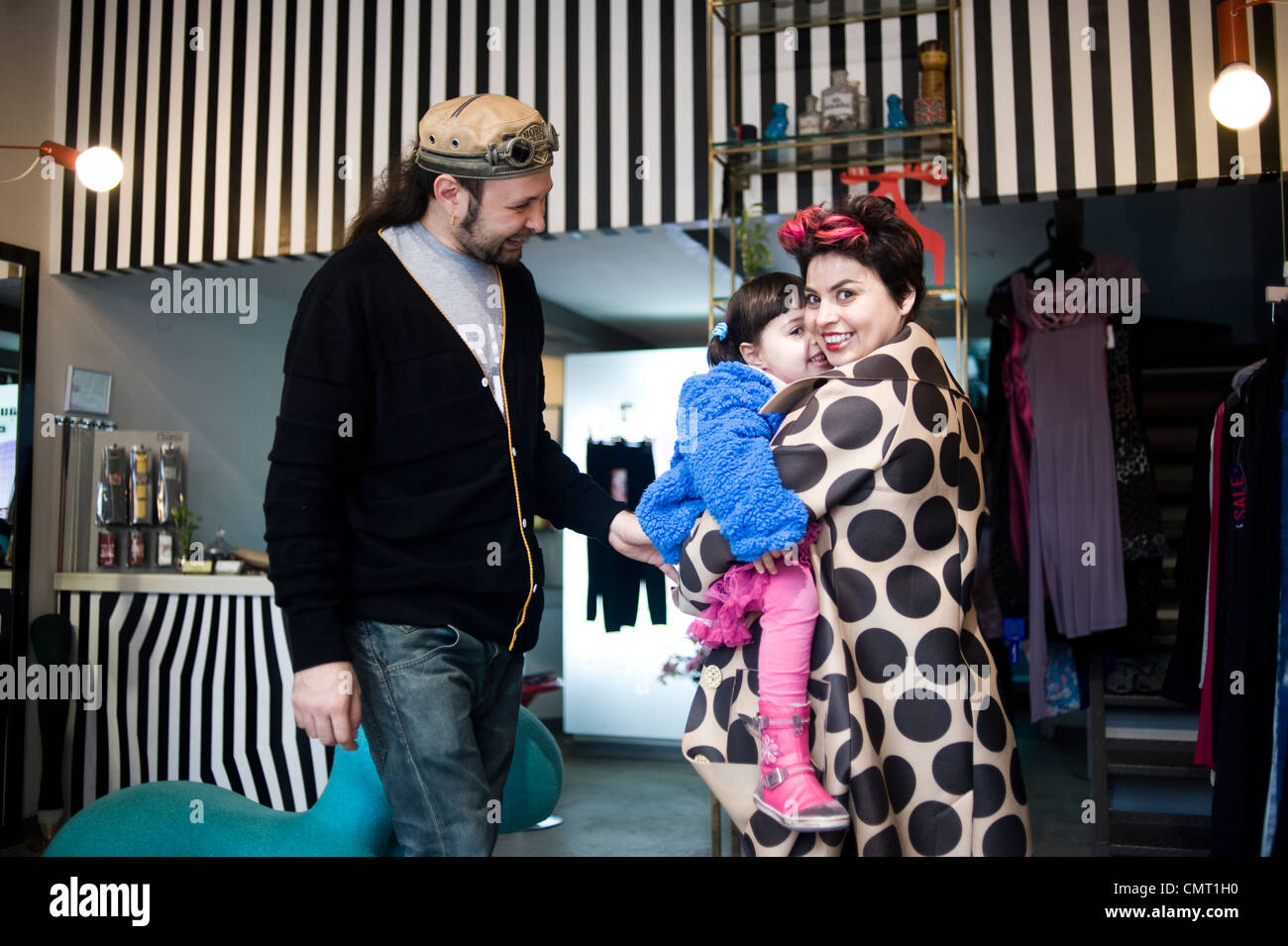 Philip Blau and Helena Blaunstein, clothes designers, in their shop Frau Blau 8 haHashmal Street, Tel Aviv, Israel. Stock Photo