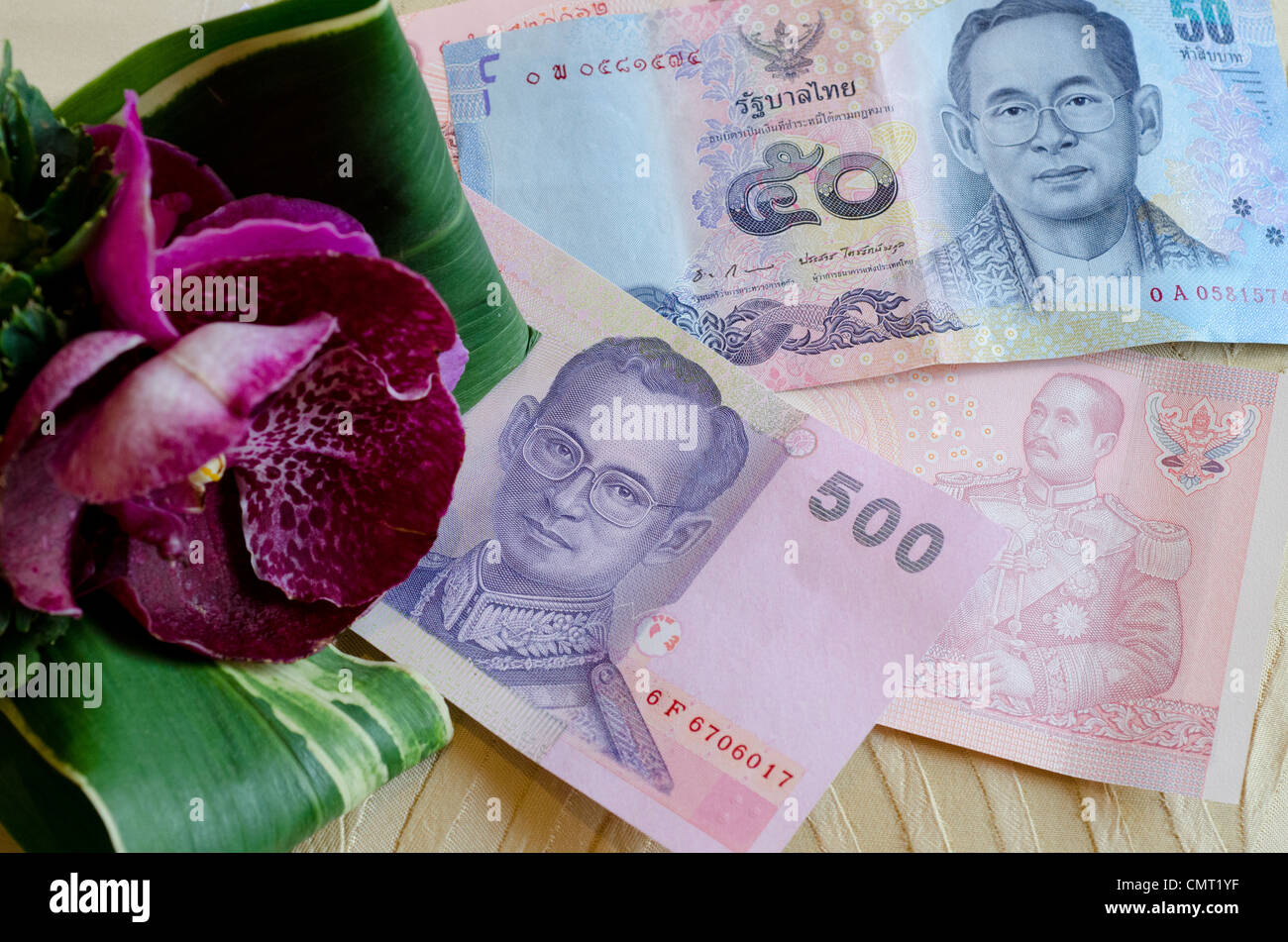Thailand, Bangkok. Thai currency, the Baht, with orchid Stock Photo Alamy