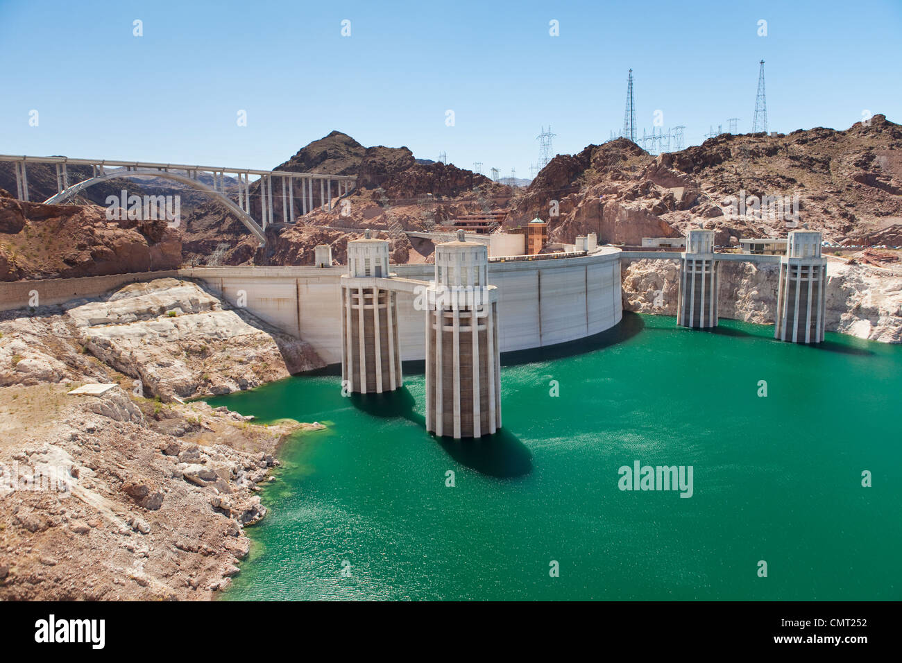 Hoover Dam and Lake Mead Hydroelectric power generation Intake towers and dam wall Electrcity