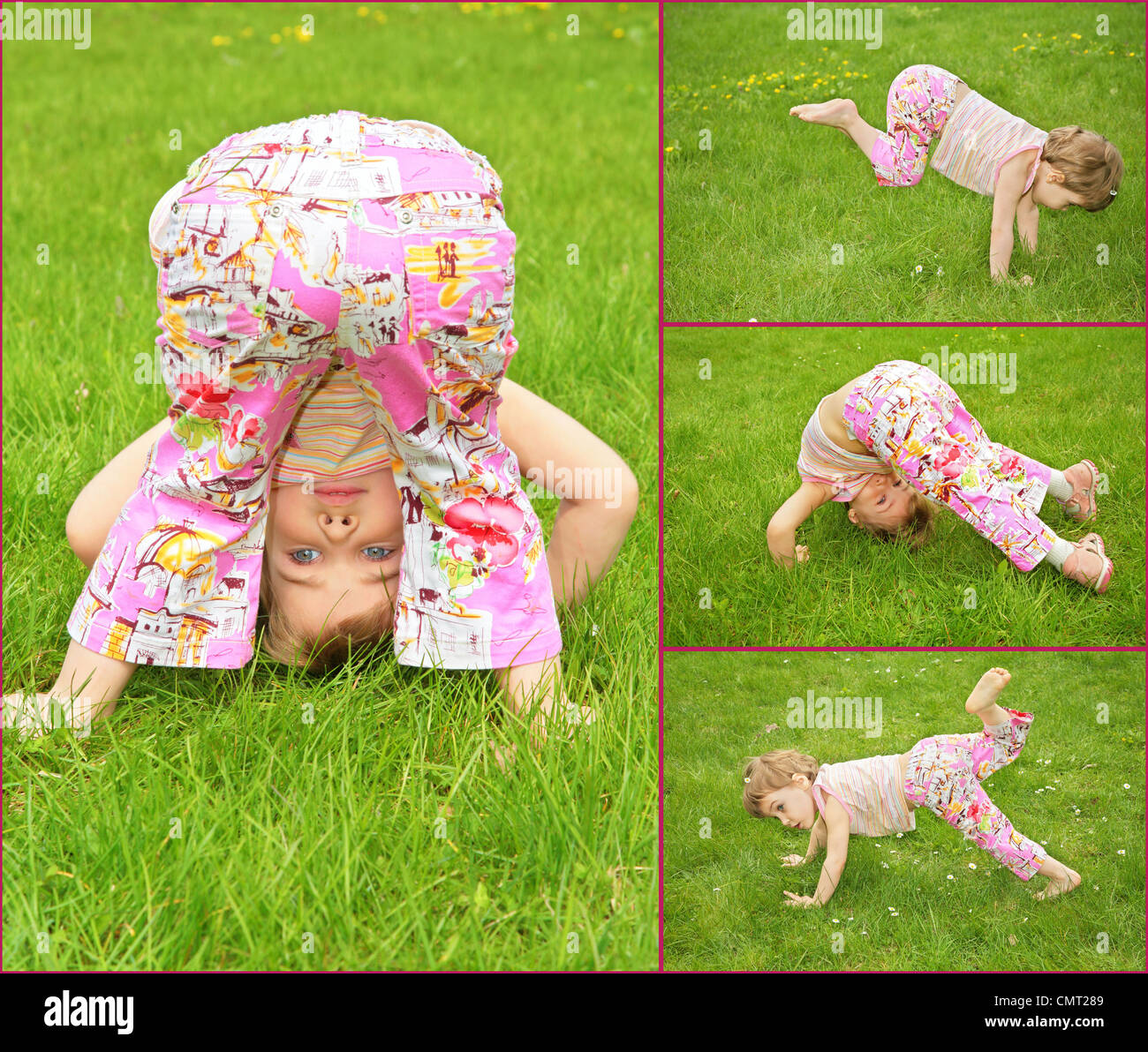many pictures of little girl training on grass, collage Stock Photo
