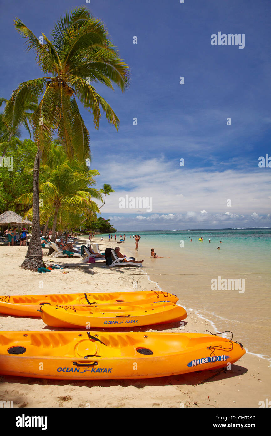 Kayaks and beach, Shangri-La Fijian Resort, Yanuca Island, Coral Coast, Viti Levu, Fiji, South Pacific Stock Photo