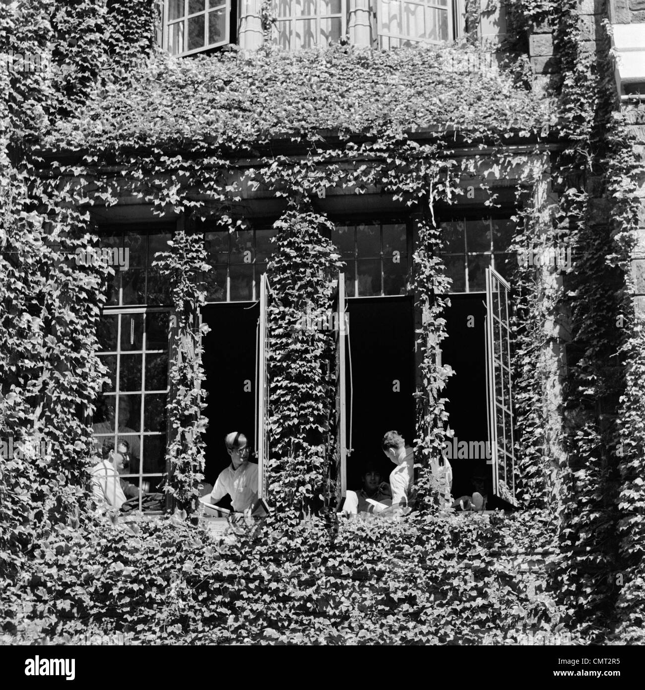 1960s MALE COLLEGE STUDENTS SITTING & STUDYING AT WINDOWS OF IVY-COVERED CAMPUS BUILDING Stock Photo