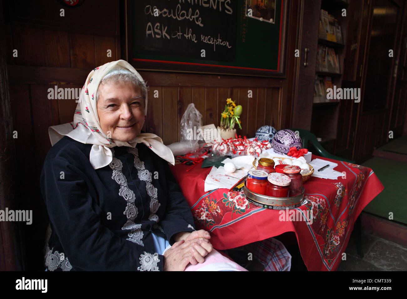 Old lady selling painted eggs Stock Photo Alamy
