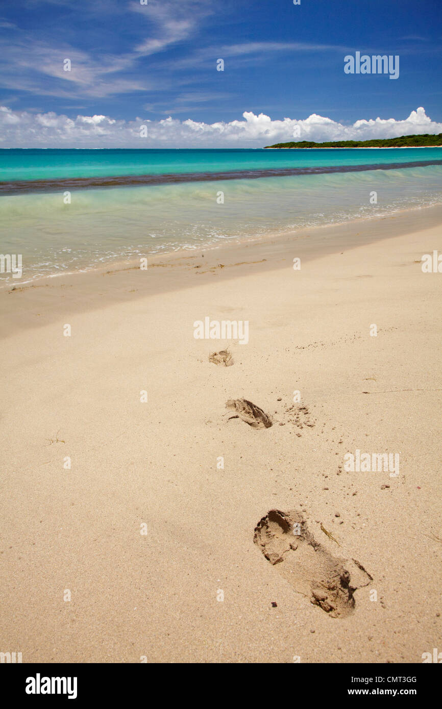 Footprints in sand on Natadola Beach, Coral Coast, Viti Levu, Fiji, South Pacific Stock Photo