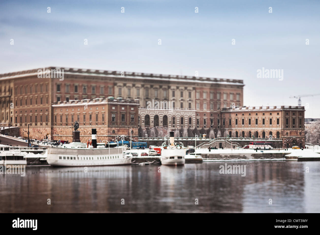 Beautiful view of Stockholm Royal Palace and nautical vessel against clear sky Stock Photo