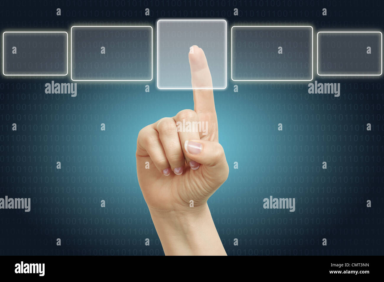 female hand pushing on a touch screen interface Stock Photo