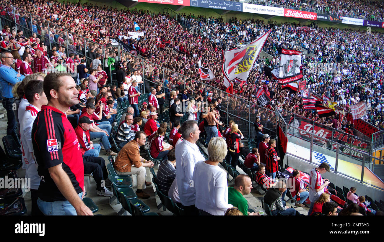 D-Moenchengladbach, Niers, Lower Rhine, Rhineland, North Rhine-Westphalia, NRW, sports, football, Bundesliga, 2011/2012, Borussia Moenchengladbach versus 1. FC Nuernberg 1:0, Stadium Borussia Park in Moenchengladbach, spectators, football fans, fan stand Stock Photo