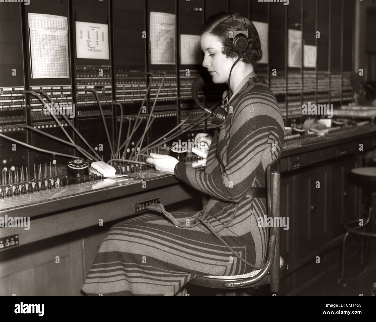 1930s WOMAN TELEPHONE OPERATOR SITTING AT LARGE MANUAL SWITCHBOARD DIRECTING CALLS Stock Photo - Alamy