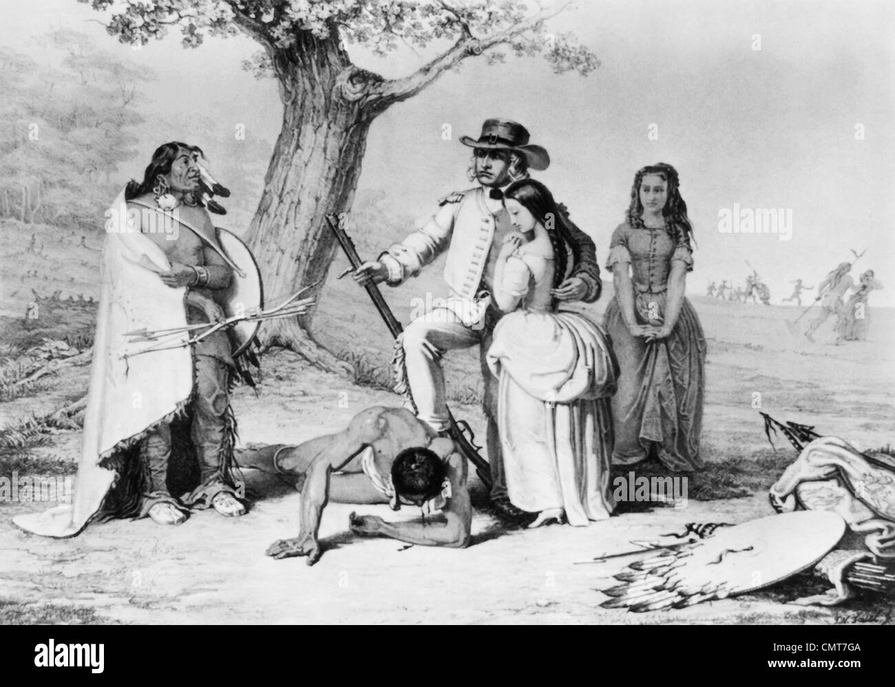 Vintage print depicting American frontiersman Daniel Boone (1734 - 1820) rescuing his daughter Jemima from Indians in 1776. Stock Photo