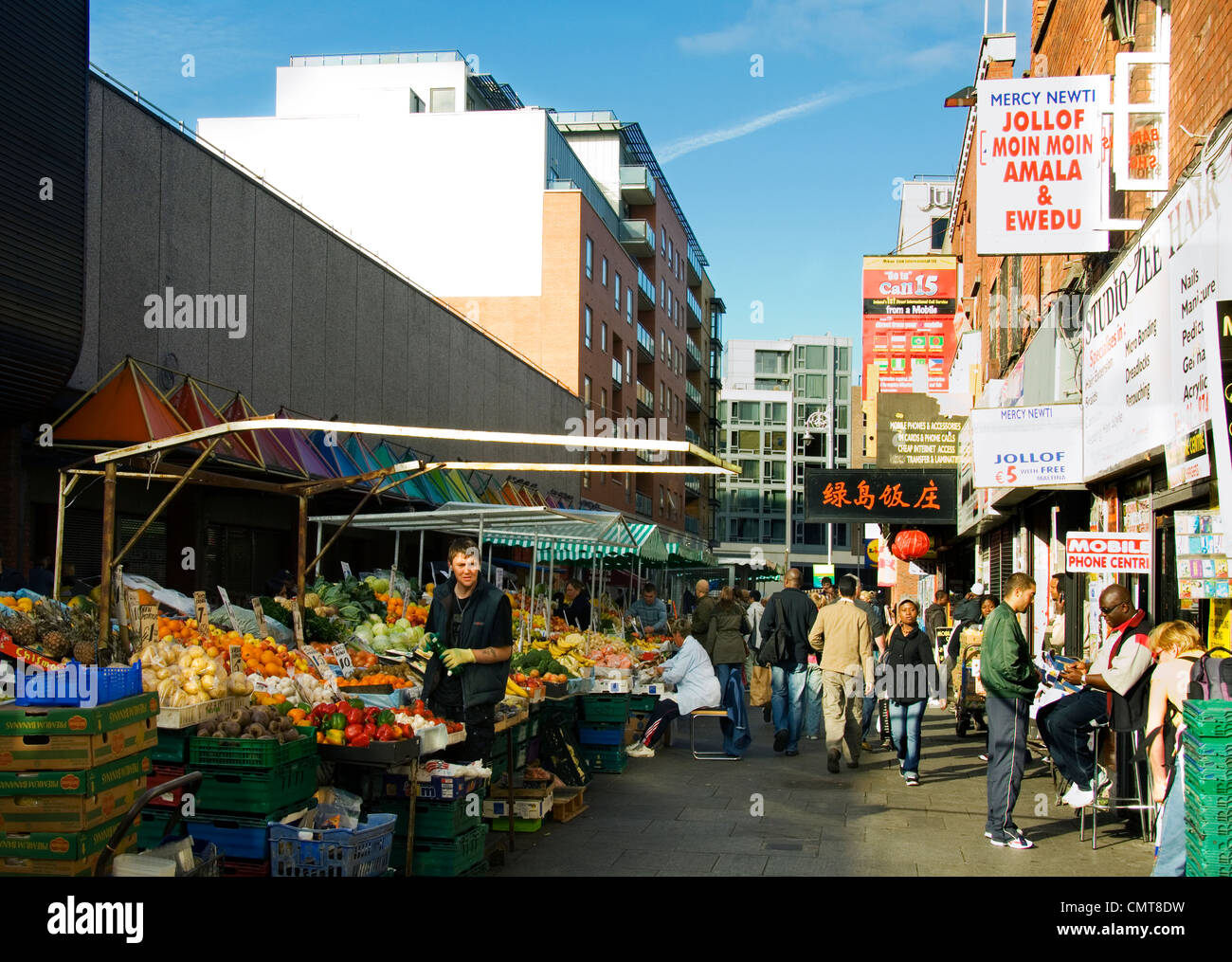 The famous Moore Street fruit and vegetable market in Dublin City center, Ireland Stock Photo