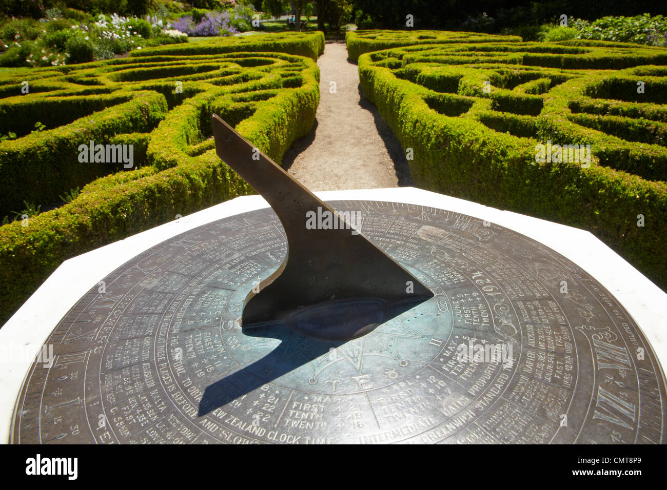 Sundial and Knot Garden, Botanic Gardens, Dunedin, Otago, South Island, New Zealand Stock Photo