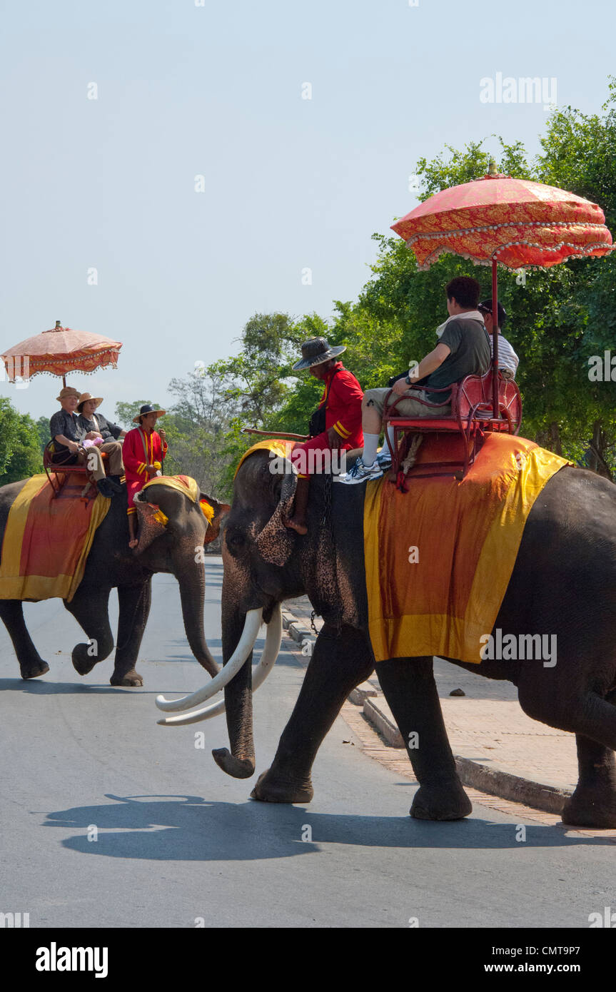 Thailand, Ayutthaya. Phra Mongkonbophit. Tourist sight seeing elephant rides with local mahut (driver). UNESCO Stock Photo